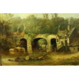 An unattributed Victorian oil on board, bridge and river scene, 20 x 26 cm. Not available for in-