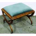 An early 20th century Savoronola style walnut framed stool with later upholstered drop in pad, 61