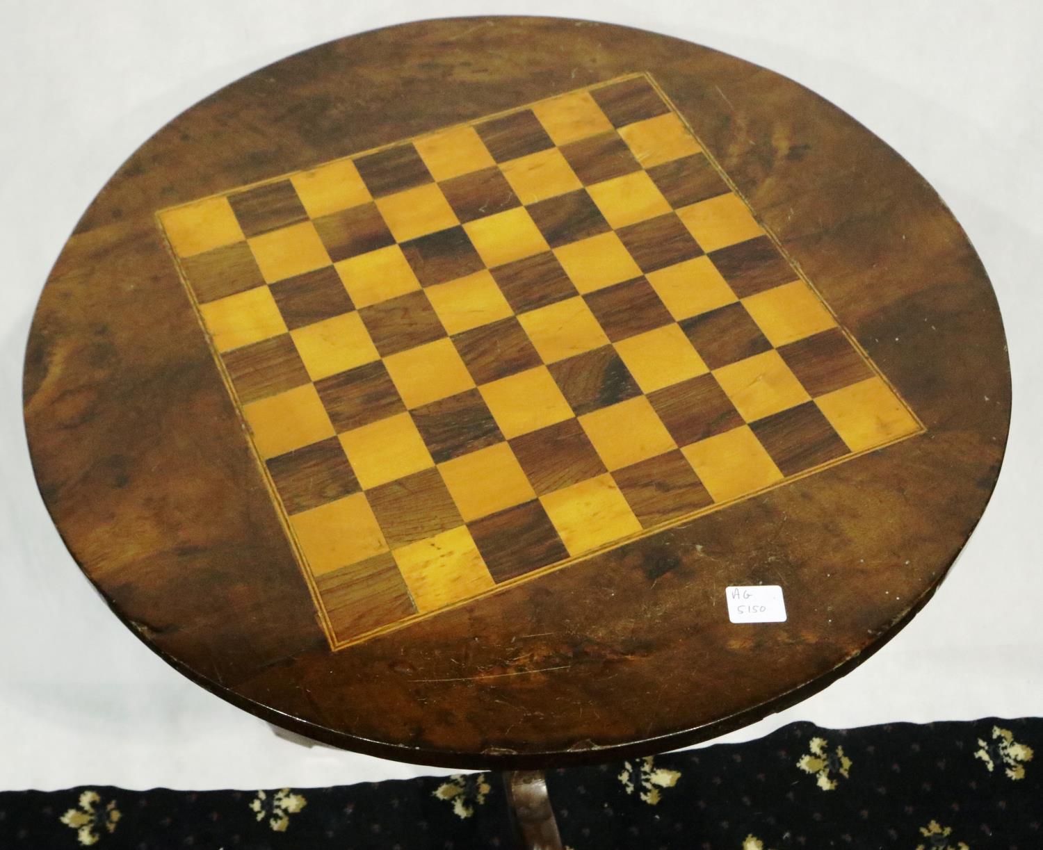 ***WITHDRAWN***A 19th century inlaid burr walnut chess top table with tripod support, D: 50 cm, H: - Image 2 of 3