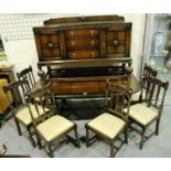 An early 20th century oak dining suite, comprising an extending dining table, 180 x 105 x 73 cm H