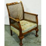 An early 20th century walnut framed salon chair with caned bergere backrest and raised on claw and