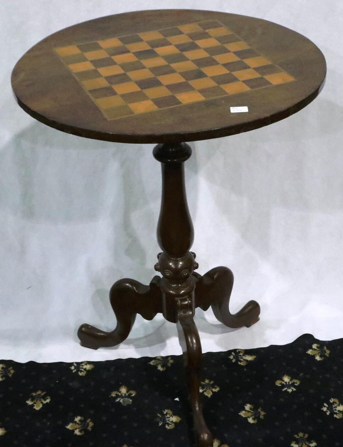 ***WITHDRAWN***A 19th century inlaid burr walnut chess top table with tripod support, D: 50 cm, H: