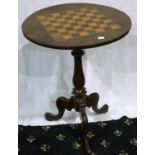 ***WITHDRAWN***A 19th century inlaid burr walnut chess top table with tripod support, D: 50 cm, H: