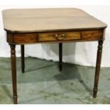 A 19th century mahogany fold over tea table with single drawer and turned supports, 92 x 90 x 72