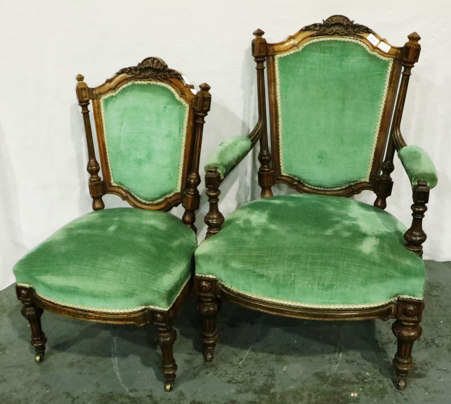 A Victorian walnut framed two piece parlour suite, more recently upholstered, largest. Not available