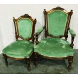 A Victorian walnut framed two piece parlour suite, more recently upholstered, largest. Not available