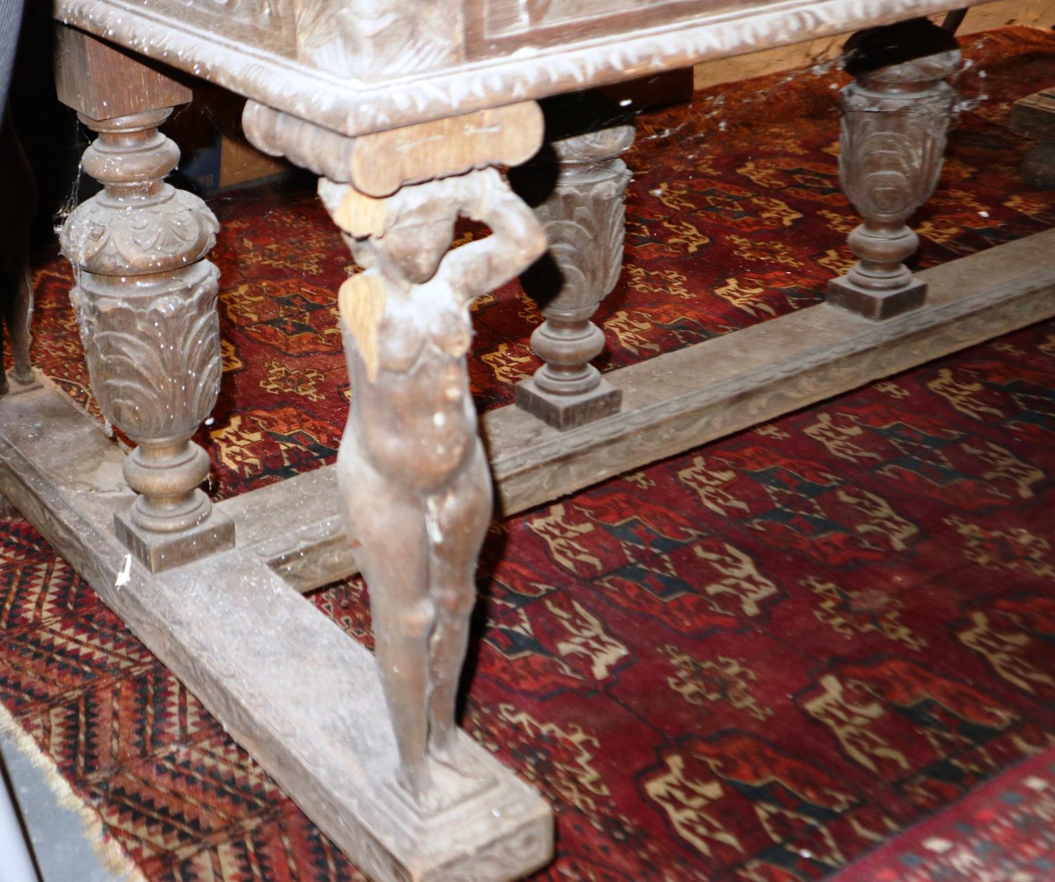 A Victorian oak centre table, carved in the Jacobean manner, with figural and bulbous supports, - Image 5 of 6