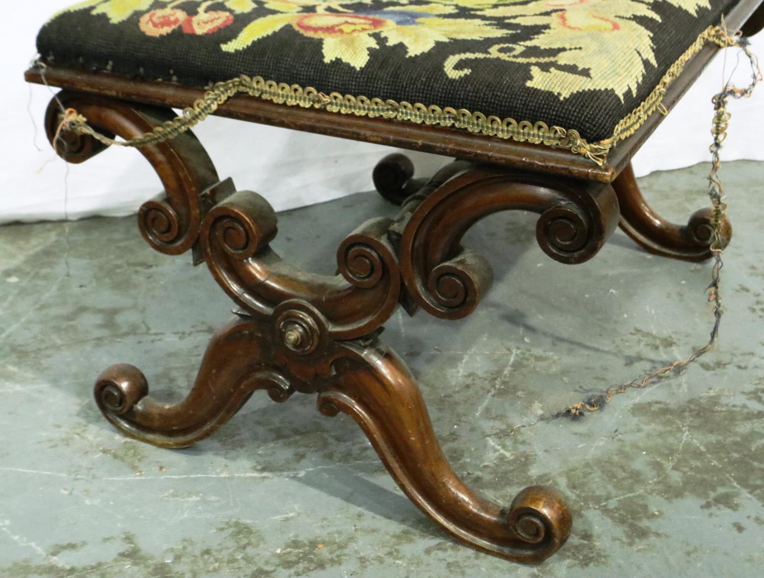 A Victorian walnut framed stool with Savoronola form supports and wool work upholstered top, 65 x 48 - Image 2 of 3