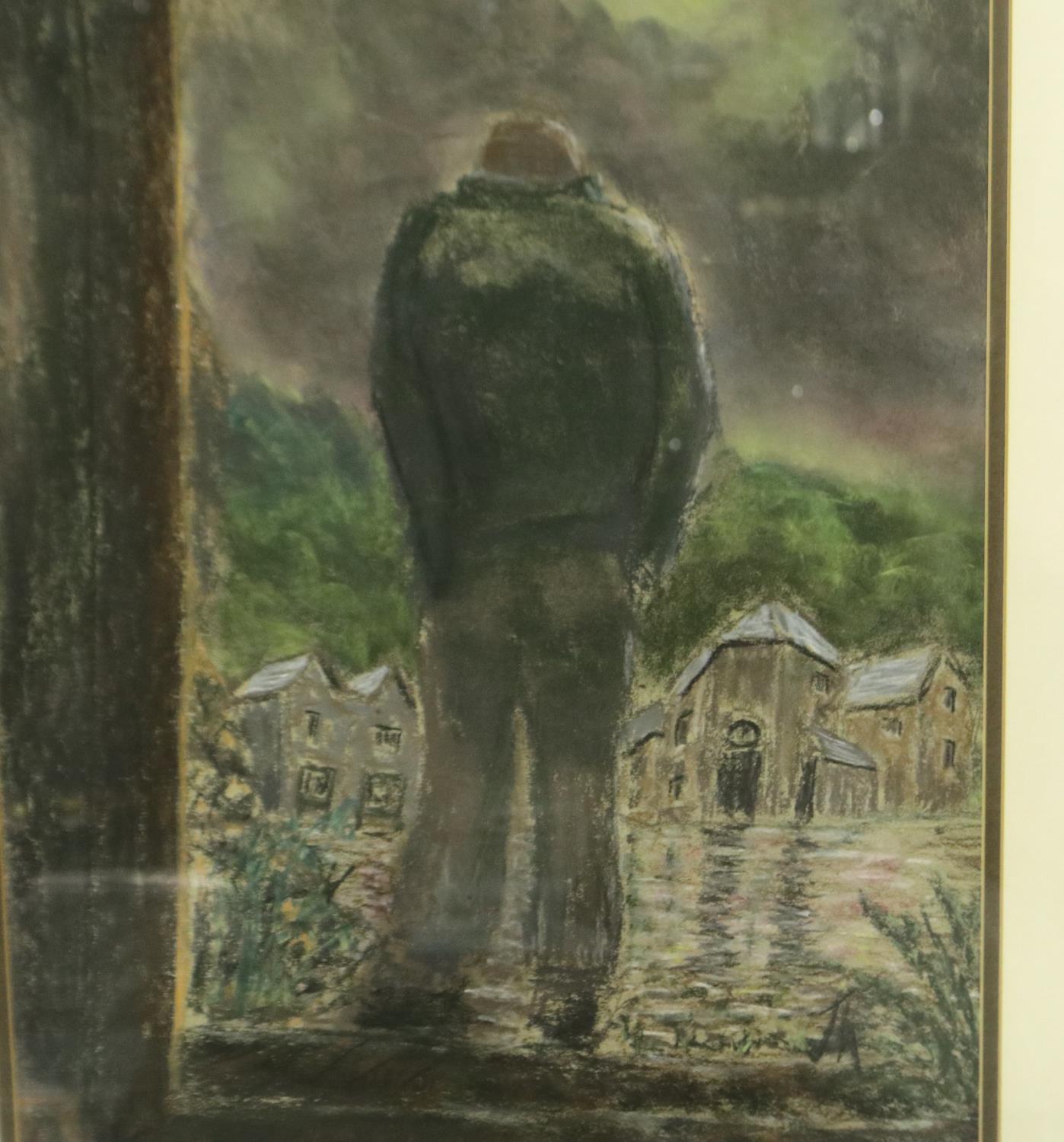 In the manner of John Thompson (1924-2011): pastels on paper, figure in a Northern town, 39 x 54 cm.