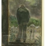 In the manner of John Thompson (1924-2011): pastels on paper, figure in a Northern town, 39 x 54 cm.