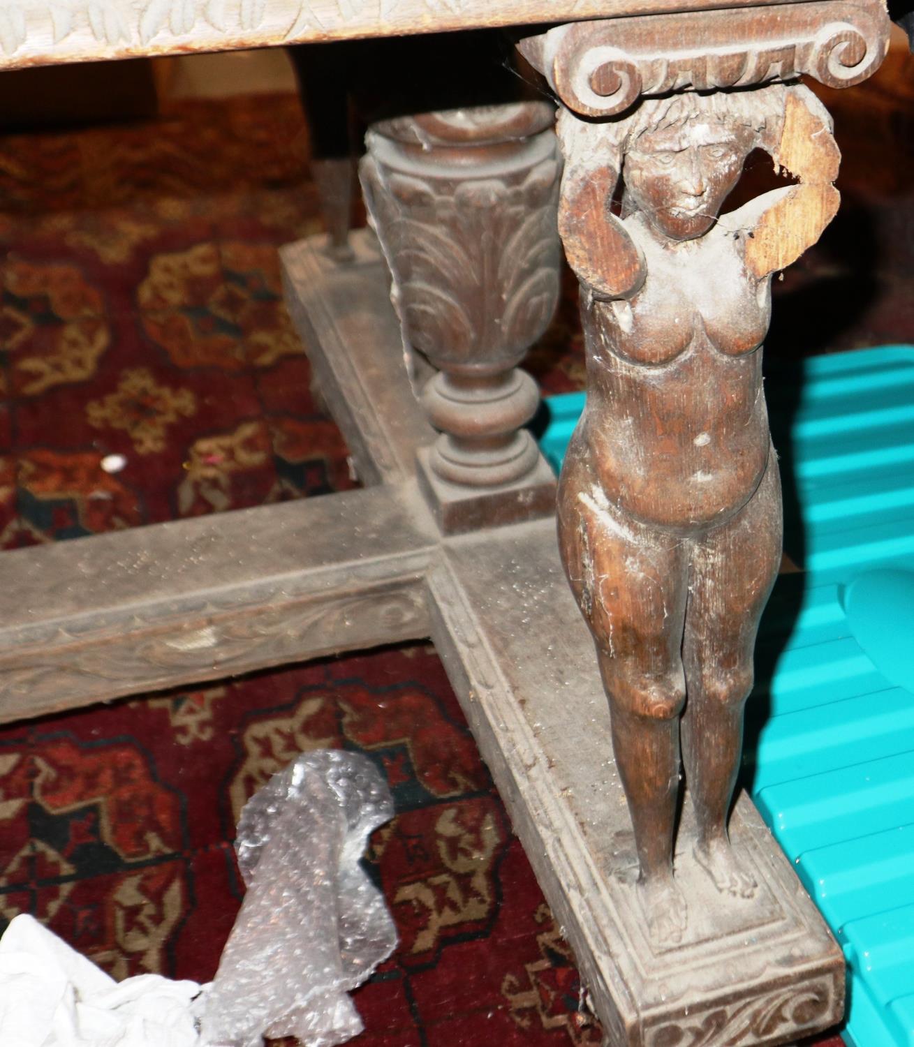 A Victorian oak centre table, carved in the Jacobean manner, with figural and bulbous supports, - Image 6 of 6