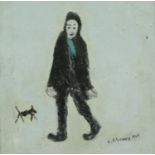 After Lawrence Stephen Lowry (1887 - 1976): oils on textured paper, Man with Dog, signed LS Lowry