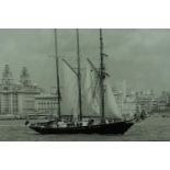 1980s photographic print of tall ships on Liverpool waterfront, 39 x 29 cm. Not available for in-