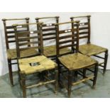 A set of five 19th century country oak ladderback chairs with rush seats. Not available for in-house