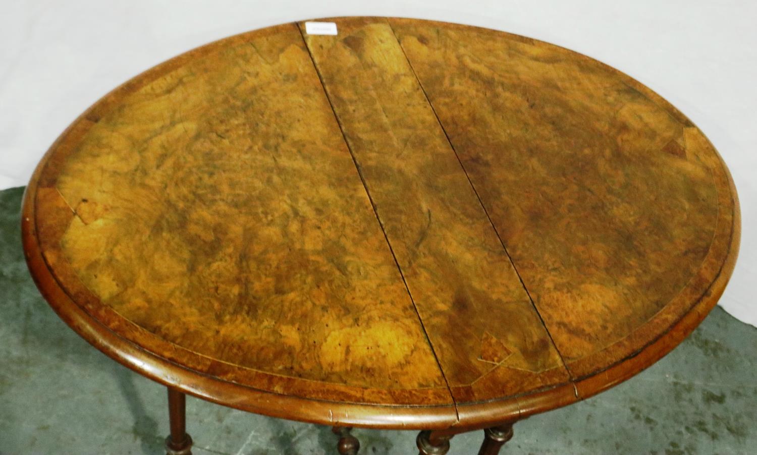 A Victorian burr walnut inlaid Sutherland table with carved and turned supports, 82 x 61 x 64 cm - Image 2 of 3