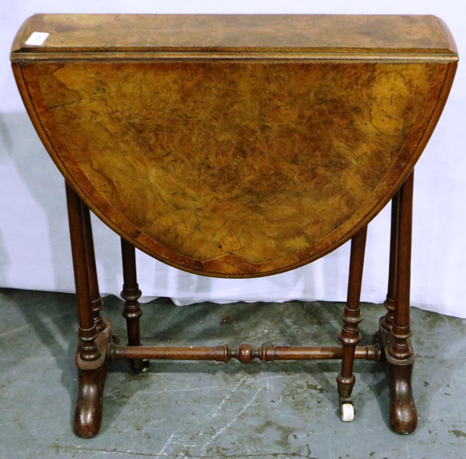 A Victorian burr walnut inlaid Sutherland table with carved and turned supports, 82 x 61 x 64 cm - Image 3 of 3