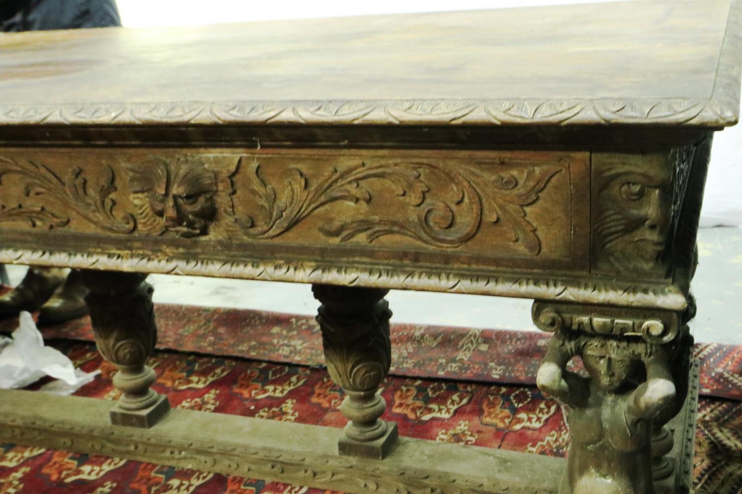 A Victorian oak centre table, carved in the Jacobean manner, with figural and bulbous supports, - Image 4 of 6