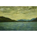 A Hudson (20th century): impasto oils on board, mountainous lake scene, 75 x 60 cm. Not available