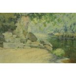 A 19th century watercolour, Ruins Beside a River, indistinctly signed, 37 x 27 cm. Not available for