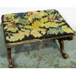 A Victorian walnut framed stool with Savoronola form supports and wool work upholstered top, 65 x 48