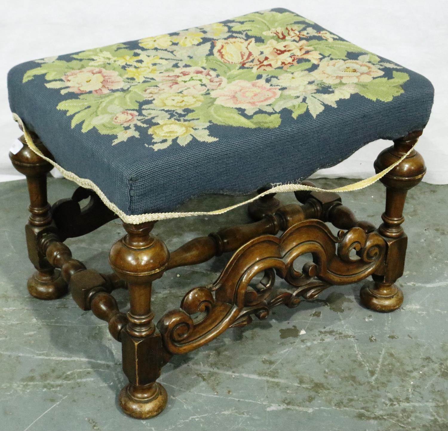 A 19th century walnut framed stool in the Carolean manner, with woolwork upholstered top, 53 x 40