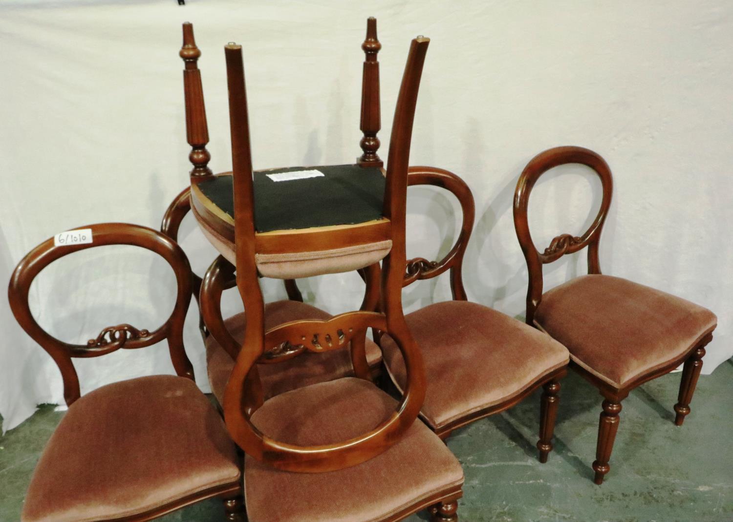 A set of six Victorian style balloon back dining chairs, each with upholstered seat. Not available - Image 4 of 5