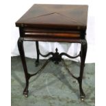 A Victorian mahogany card table with envelope fold action, single drawer and carved supports, 79 x