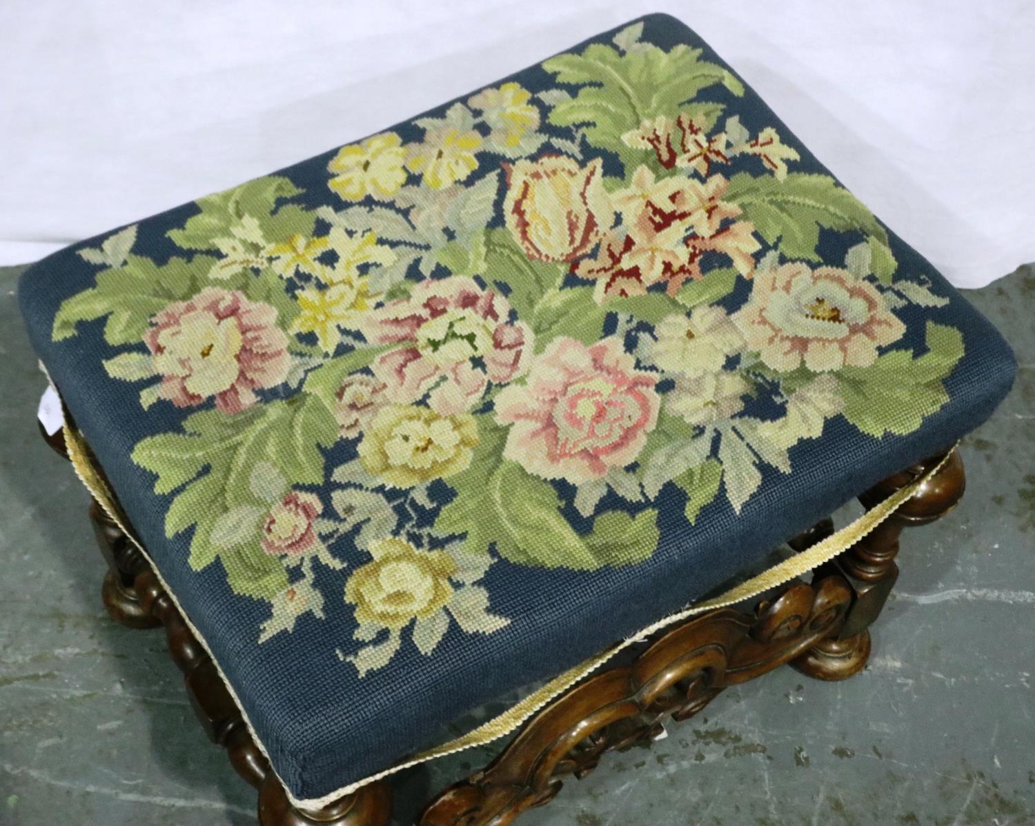 A 19th century walnut framed stool in the Carolean manner, with woolwork upholstered top, 53 x 40 - Image 2 of 4