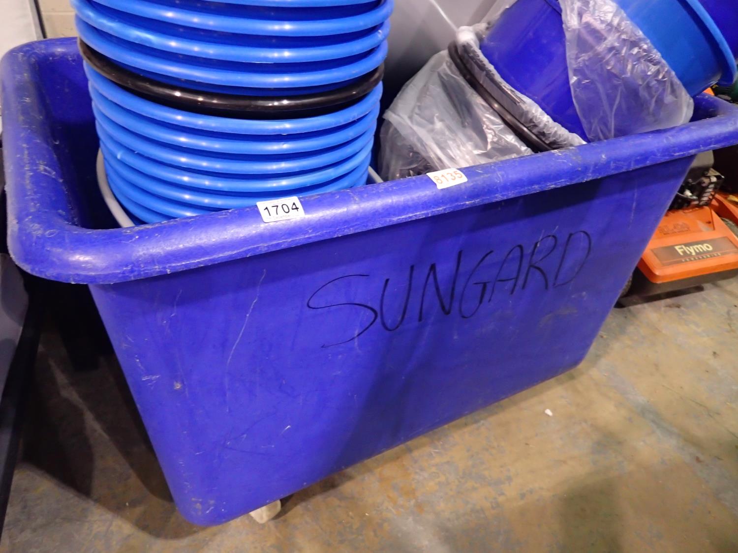 Large blue plastic crate on wheels. Not available for in-house P&P