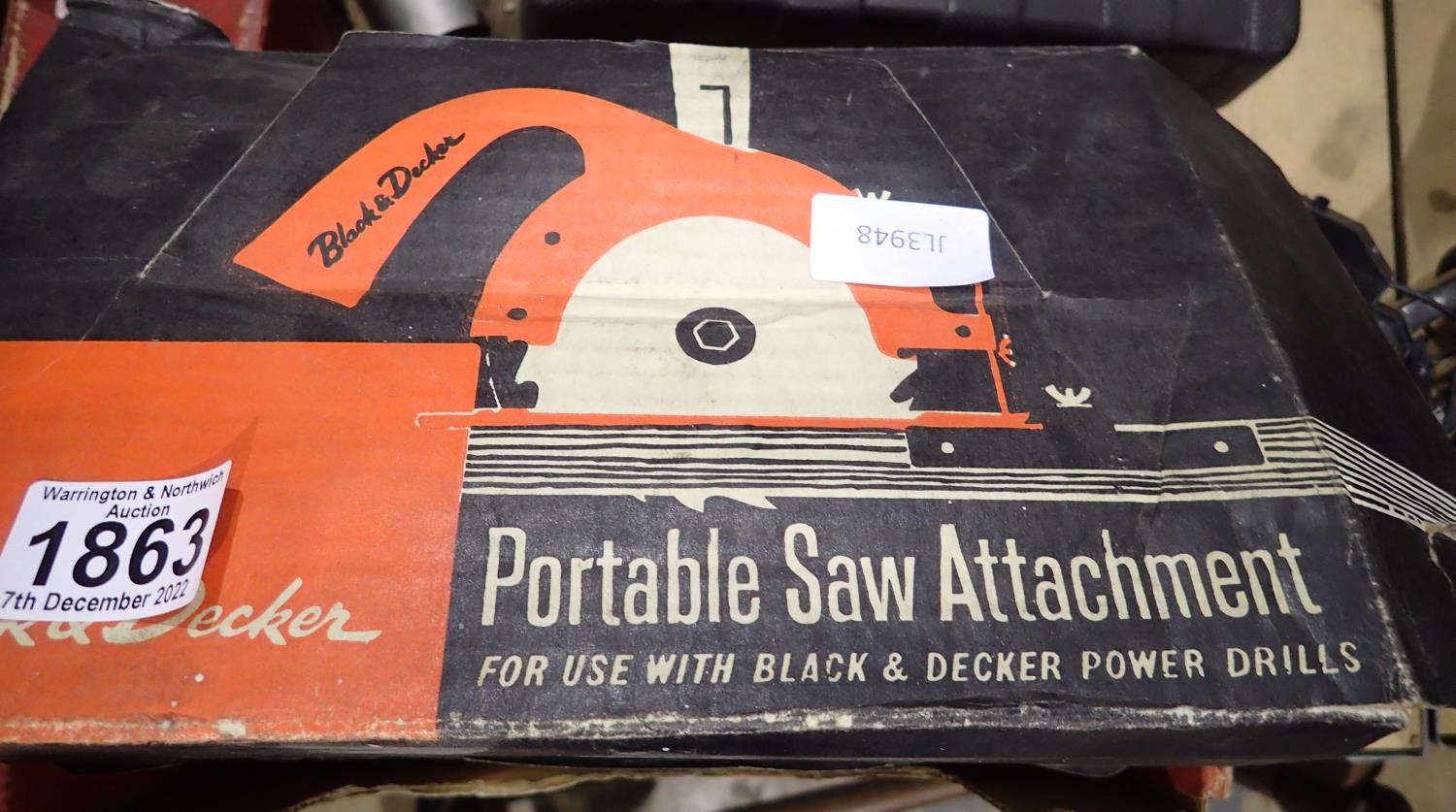 Black & Decker circular saw and a red toolbox with contents. Not available for in-house P&P