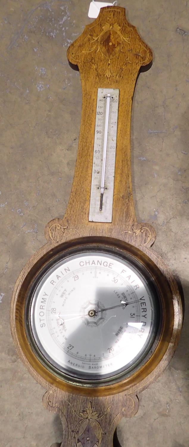 Inlaid oak cased barometer thermometer, H: 85 cm. Not available for in-house P&P