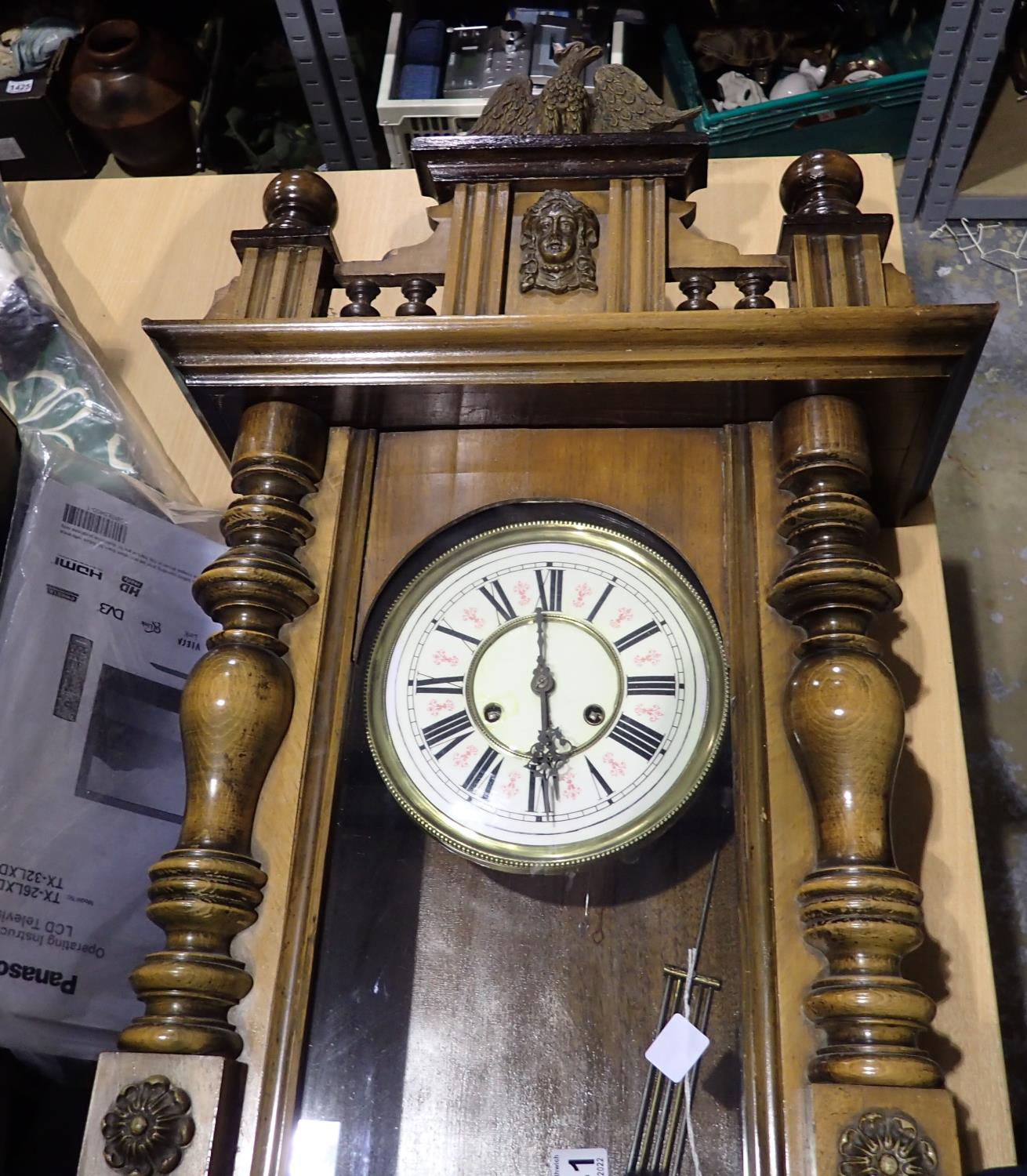 Walnut cased Vienna chiming wall clock, H: 110 cm, not working at lotting, no weights present. Not