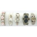 Five hallmarked and 925 silver rings including stone set examples, size J - Q, combined 11g. P&P