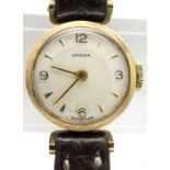 Juvenia: ladies 9ct gold wristwatch on leather strap, not working at lotting. P&P Group 1 (£14+VAT