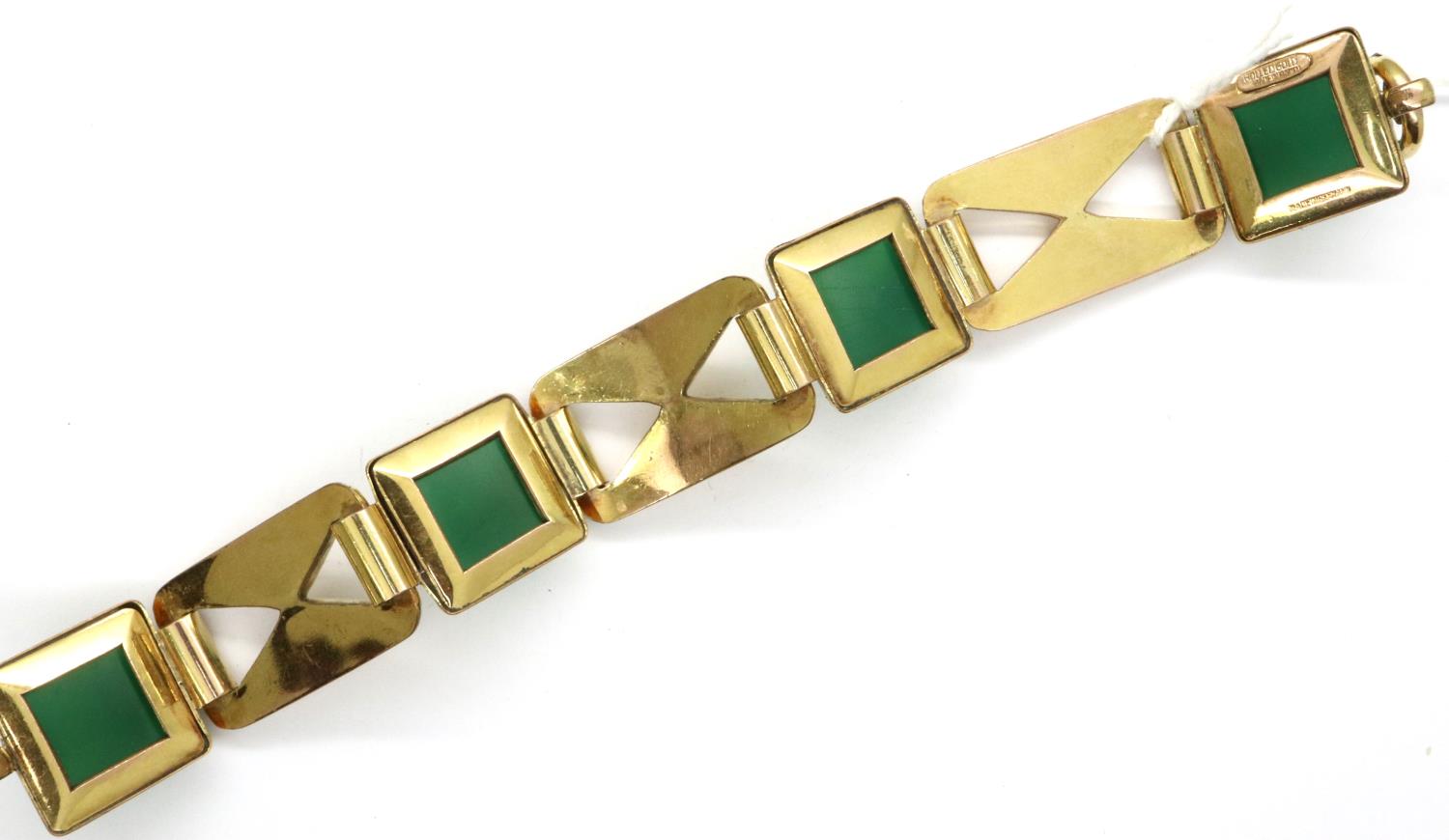 Rolled gold link bracelet set with four jadeite stones, made in Baden Germany, L: 18 cm. P&P Group 1 - Image 2 of 3