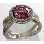 Palladium, pink sapphire and diamond set ring, size I/J, 5.2g. P&P Group 1 (£14+VAT for the first