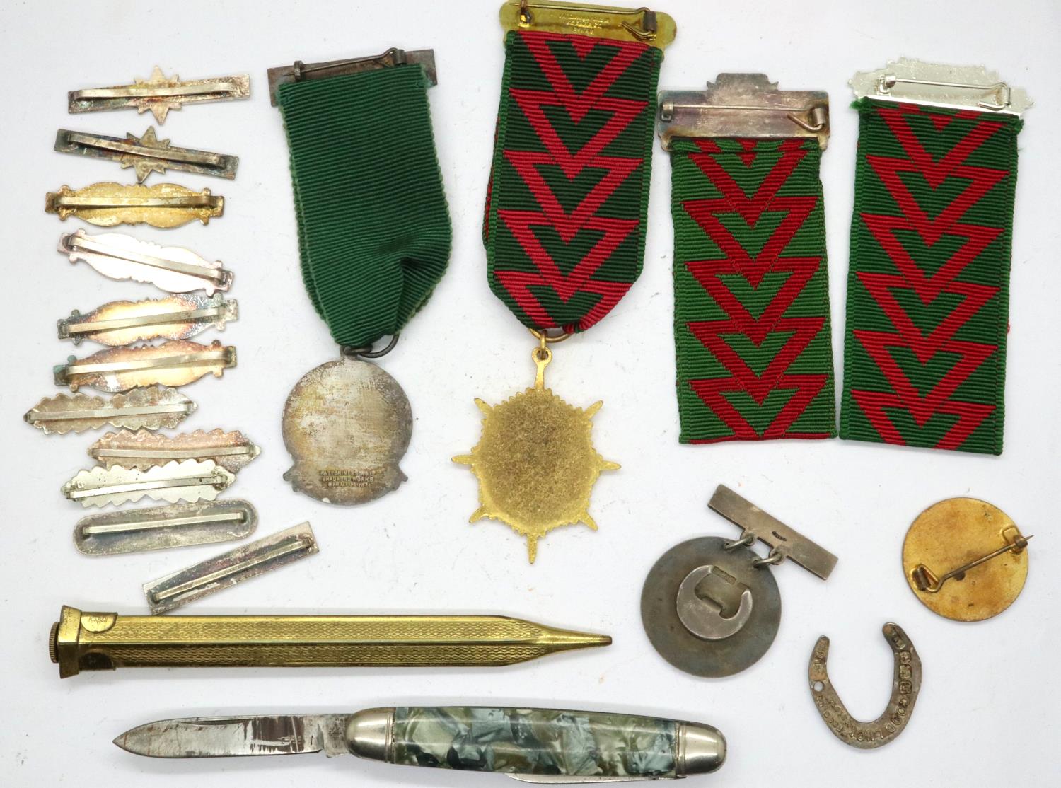 Mixed collectables including enamel badges, a fruit knife and a yellow metal pencil etc. P&P Group 1 - Image 2 of 2