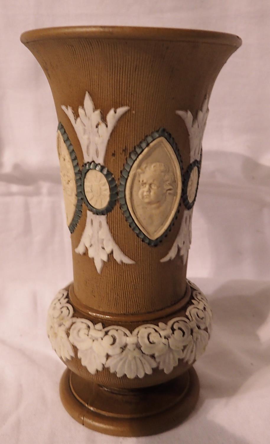 Doulton Lambeth Silicon vase, with damages, H: 12 cm. Not available for in-house P&P