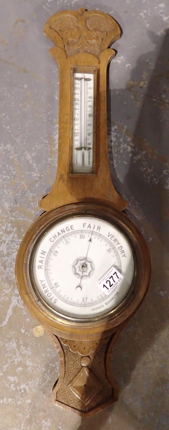 Oak cased barometer thermometer, H: 60 cm. Not available for in-house P&P