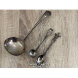 SMALL ANTIQUE MAPPIN & WEBB LADLE (17CM), SILVER CONDIMENT SPOON (APPROX 17G) AND SMALL SPOON WITH