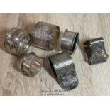 SIX ASSORTED NAPKIN RINGS, TWO MARKED AS SILVER (APPROX 37G TOGETHER) TOTAL WEIGHT APPROX 186G