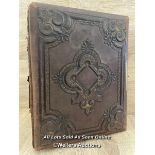 LOVELY VICTORIAN EMBOSSED LEATHER PHOTO ALBUM CONTAINING PORTRAITS AND PRESSED FLOWERS, 20 X 26 X
