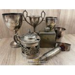 ASSORTED METAL AND PLATED ITEMS INCLUDING AWARDS, NAPKIN RING AND SMALL MILITARY OIL CAN WITH