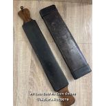 ANTIQUE DOUBLE HANDLED BARBERS STROP / PADDLE? WITH LEATHER CASE, 51CM LONG