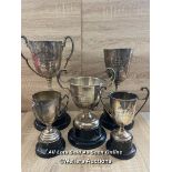 FIVE LARGE TROPHY CUPS ON STANDS DATED 1907, 1909, 1930 AND 1934