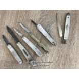 SIX VINTAGE PENKNIVES WITH MOTHER OF PEARL HANDLES, ONE BROKEN