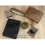SIX ITEMS: UNMARKED SILVER ENGRAVED GLASSES CASE, BRASS BOX, WIND UP TAPE MEASURE, OLD PHOTO,