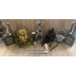 ASSORTED BRIC - A - BRAC TO INCLUDE JOHN SMITHS TANKARDS, FIGURINES, PIPE JUG, GLASS VASE