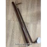 VINTAGE RIDING CROP WITH ANTLER TOP, 43CM LONG AND ANOTHER VARNISHED WOOD ITEM, 48CM LONG