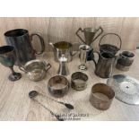 SIXTEEN ASSORTED METAL AND SILVER PLATE ITEMS INCLUDING CUPS, NAPKIN RINGS, SUGAR NIPS AND SALT